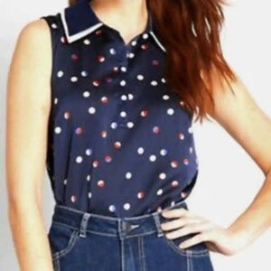 ModCloth Plus Size Navy Blue Satin Polka Dot Sleeveless Collared Blouse Sz 2X